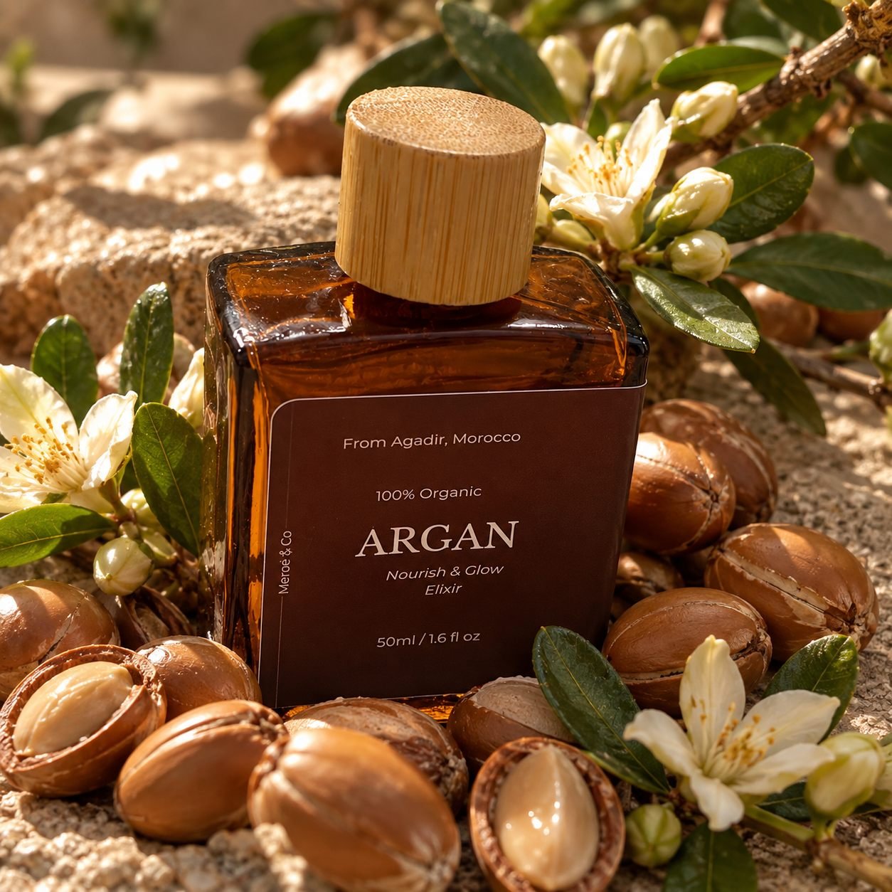 Argan elixir among argan fruit and blossom