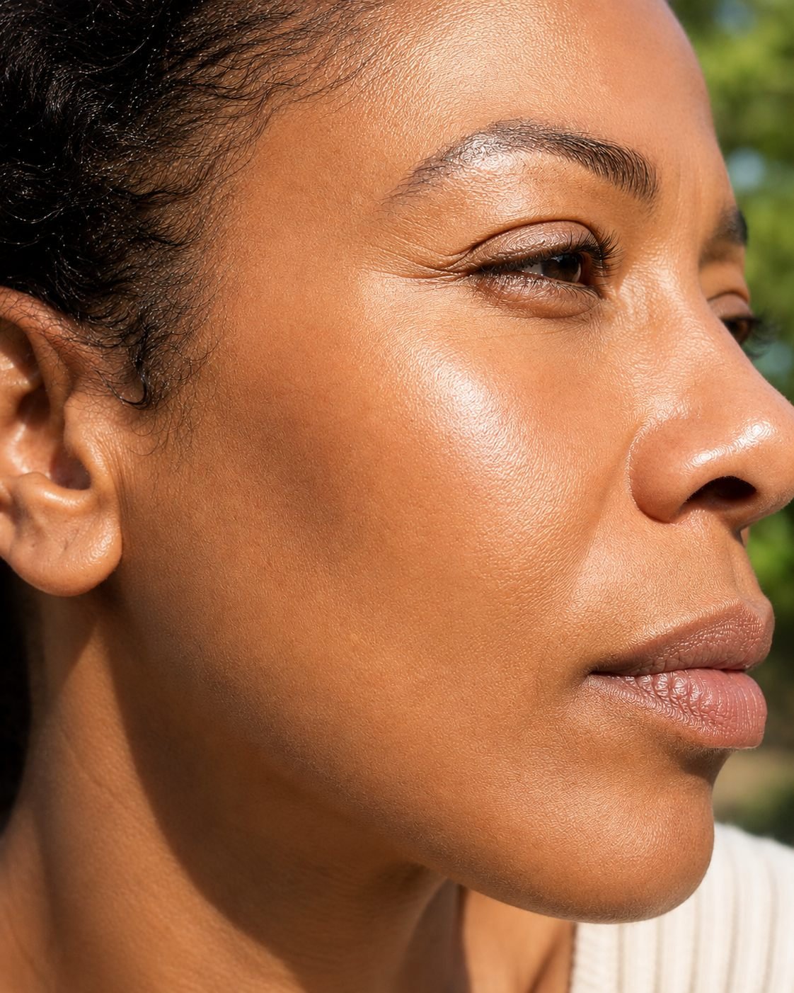 Close-up of skin with a soft, luminous finish after using a botanical elixir