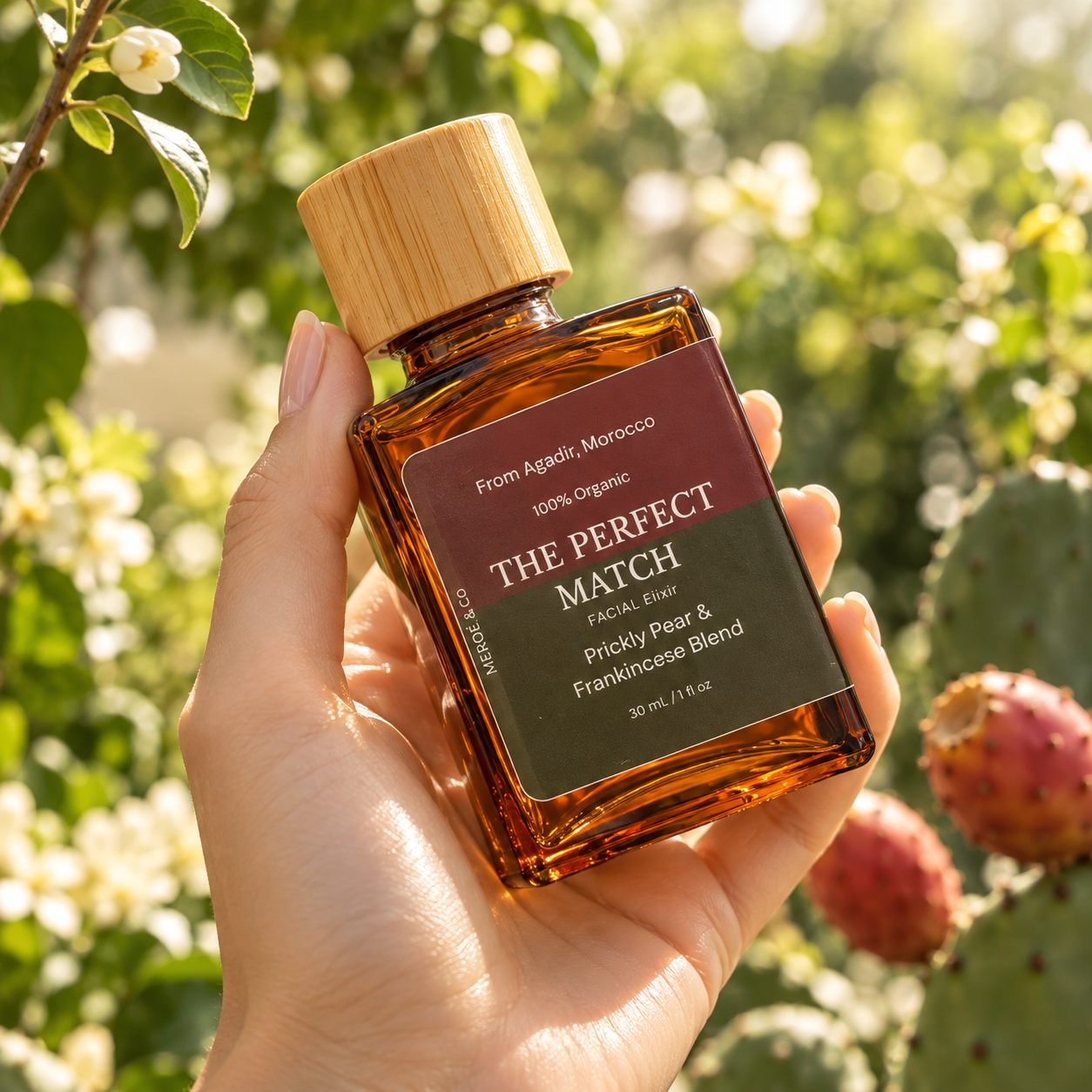 The Perfect Match elixir held in a garden of prickly pear
